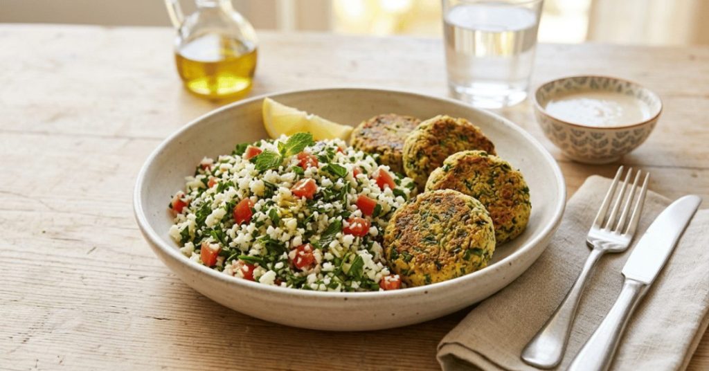 Savory Cauliflower Tabbouleh with Herb-Packed Falafel